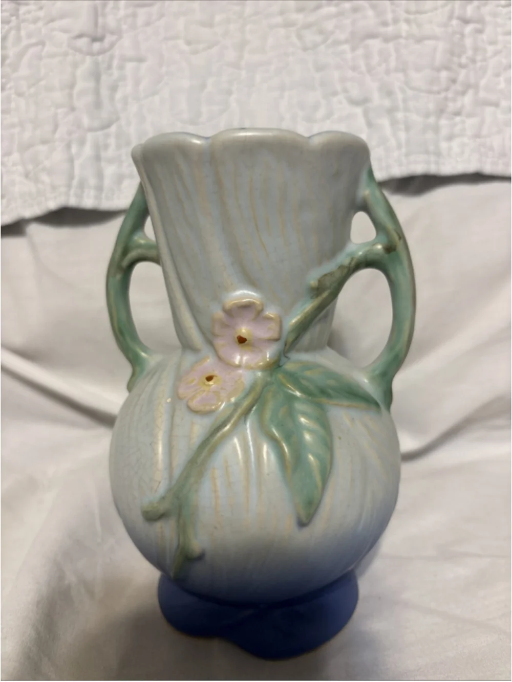 Weller Pottery Roba R-2 Double Handled Vase 1927-35 Blue with Mauve Flowers 6.5”